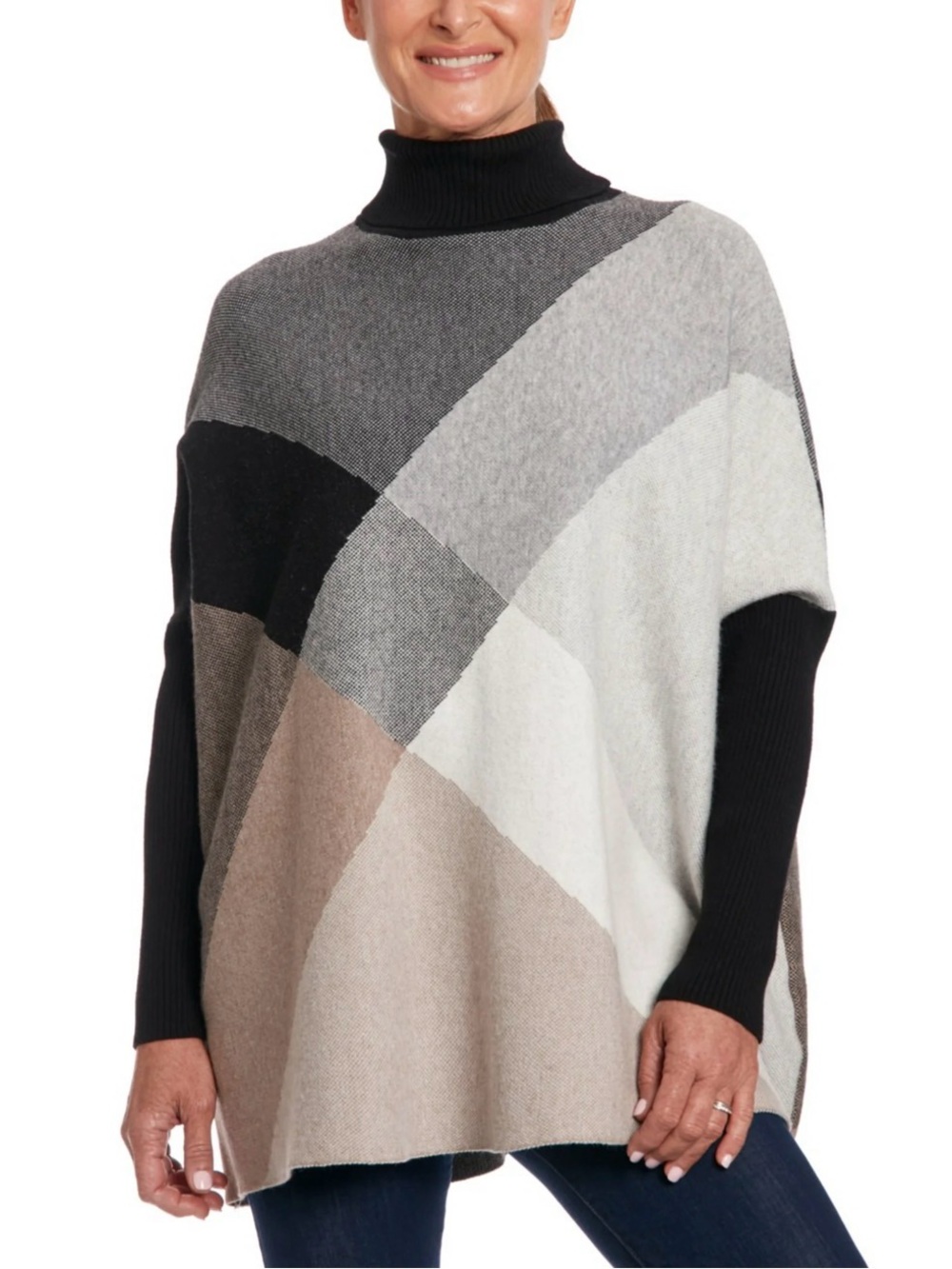 Joseph A Colorblock Cowl Turtleneck Sweater - Black, Gray, Cream, Brown